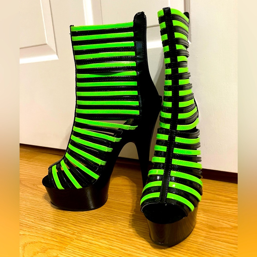 Pleaser Patent Lime Green and Black Ankle Boots Stiletto Heels Size 6